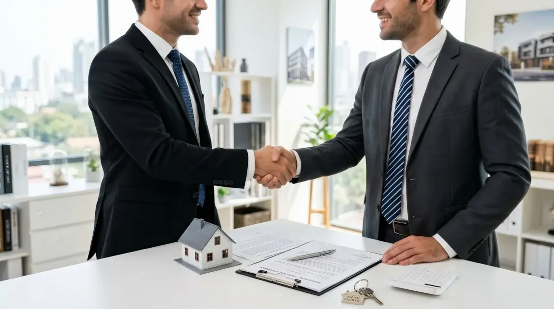 Comprador y vendedor se dan la mano sobre un contrato de promesa de compraventa y las llaves de una casa