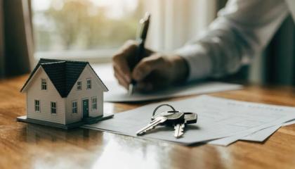 Persona firmando un contrato de compraventa junto a las llaves y una casa en miniatura