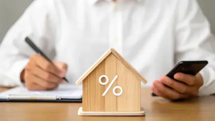 Dueña revisando cuánto cobra una inmobiliaria por vender su casa con una calculadora y el contrato